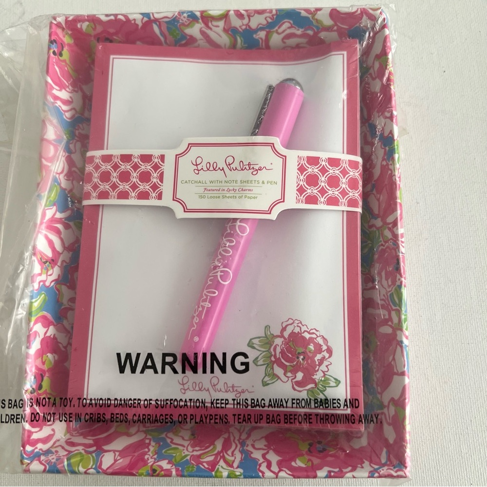 Lilly Pulitzer Catchall with note sheets and Pen Lucky charms print paper